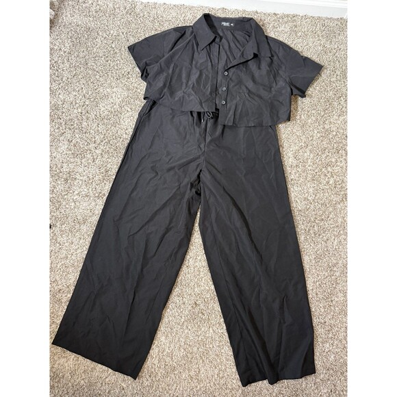 SHEIN 2 Piece Black Lounge Set Crop Button Top Wide Leg Pants 0X Plus - Picture 8 of 8